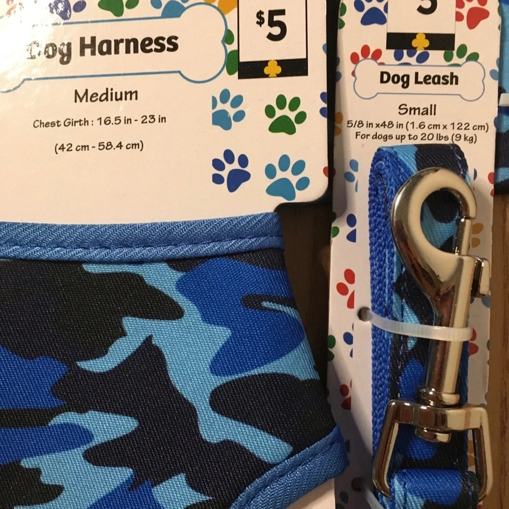 New Bundle of 3 Doggie Camo Harness 16.5”-23” Leash 48” Long & T-shirt 12”x16”